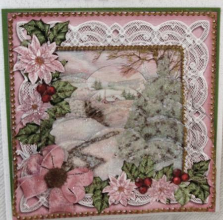Snow Scene Pink Poinsettia 5in Scallop Bottom Stacker by Joy Comstock