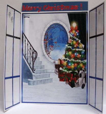 Christmas Scene with Tree and Teddy, French Gatefold by Joy Comstock