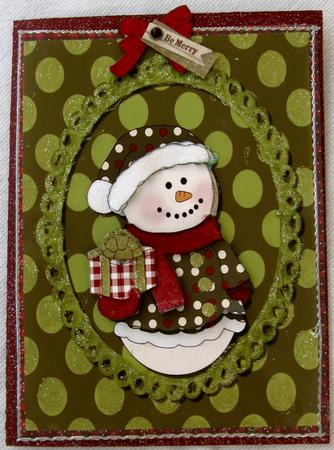 Christmas Red & Green Snowman in Oval Frame by Joy Comstock