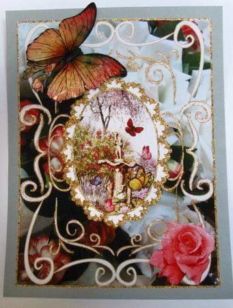 Roses & Carnations Blank Card with Oval Scalloped Frame by Joy Comstock