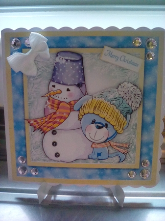 Cute Blue Dog With Snowman 8x8 by Joyce Edwards