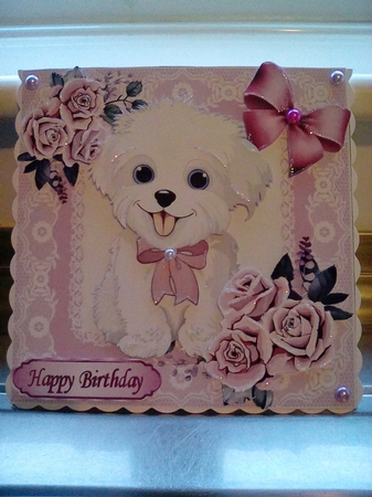 Cute white puppy in lace 8x8 frame with roses mini kit (pink) by Joyce Edwards