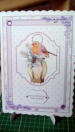 A5 robin on a lantern step by step card front (Lilac) by Joyce Edwards