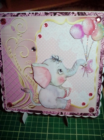 Pink Elephant with balloons card front by Joyce Edwards