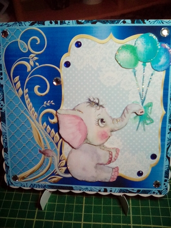 Blue elephant with balloons card front by Joyce Edwards