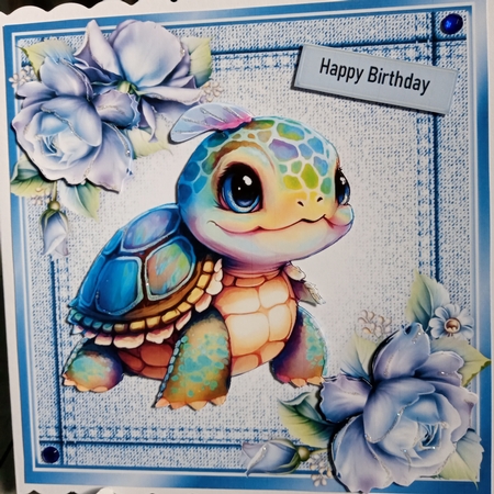 Pretty Denim  Blue, Topper With A Turtle And Blue Roses (five) 7x7 by Joyce Edwards