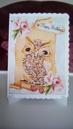 Gold Diamond Owl on Scroll with Peach Flowers by Joyce Edwards