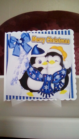 Cuddle Up Penguins in Purple Scarf with Bow 8x8 by Joyce Edwards