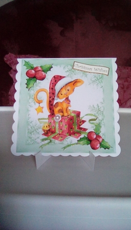 Cute Whimsical kitten with christmas present 8x8 by Joyce Edwards