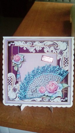Roses on Lace Fan Card Topper  by Joyce Edwards