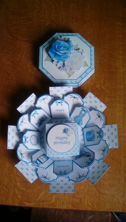Blue & white roses octagonal exploding box card with gift box by Joyce Edwards