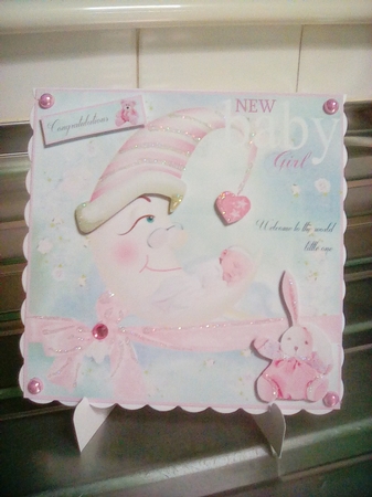 New Baby Girl pastel card front topper with decoupage and sentiments by Joyce Edwards