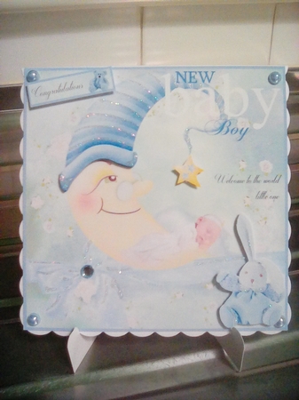 New Baby Boy pastel card front topper with decoupage and sentiments by Joyce Edwards
