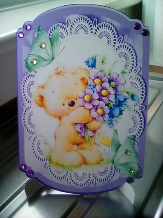  Cute teddy with flowers on lace with butterflies bracket card by Joyce Edwards