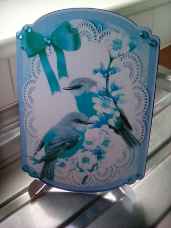 pretty blue birds on a branch with lace bracket card by Joyce Edwards
