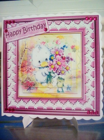 Cute duck in the woods carrying flowers pyramids 7x7 by Joyce Edwards