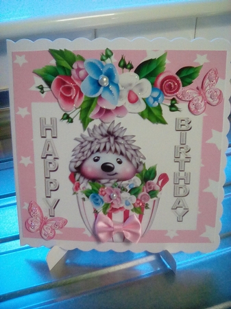 cute hedggy in cupcake with flowers in pink star 7x7 frame by Joyce Edwards