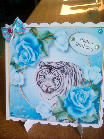 White Tiger & Pale Blue Roses 8x8 by Joyce Edwards