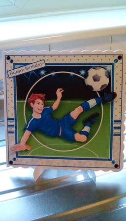 FOOTBALL STRIKER 7.5 BLUE Soccer Decoupage Ages & Insert  by Joyce Edwards
