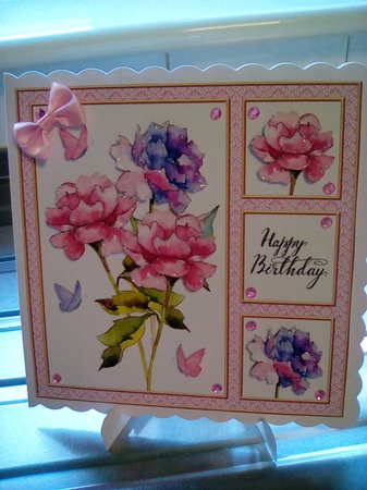 Lovely Watercolor Peonies Birthday Topper (Pink Damask) by Joyce Edwards