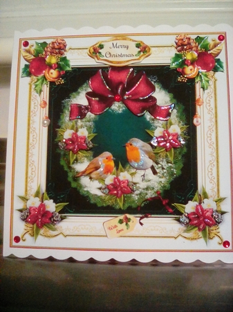 Christmas Robin Wreath Card Front With Decoupage by Joyce Edwards
