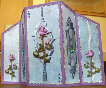 Purple Roses on Teal Theatre Fold Card by Judith Mary Howells