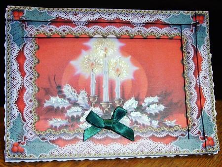 Xmas Red Candle Trio Spiral Edge Stacker 7x5in Card Front by Judith Mary Howells