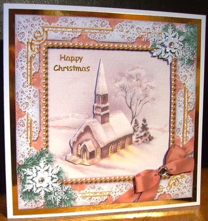 Christmas Church Lights Snow Square Card Front and Front by Judith Mary Howells