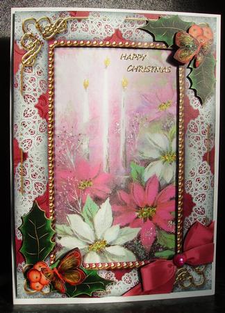 Pink Poinsettia Holly 7x5in Picture Card Front and Frame by Judith Mary Howells