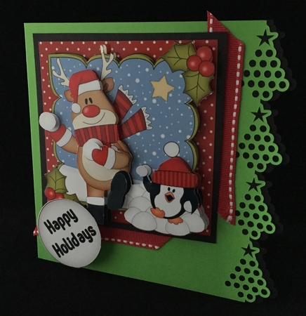 Christmas Rudolph has a Snowball Fight with Pip Penguin Scallop Corner Topper by Judith Henry