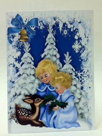 Little Girls in the Snow with Cute Deer A4 by judy borutski