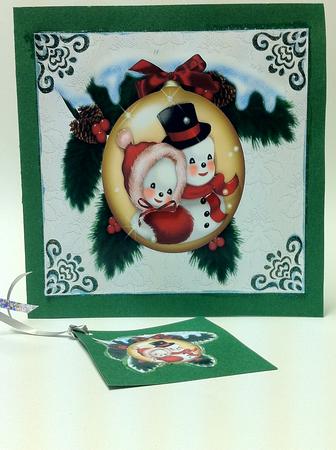 Snowman Couple in Christmas Bauble 8x8 by judy borutski