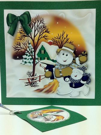 Cute Snowmen in Cottage Scene with Snow 8x8 by judy borutski