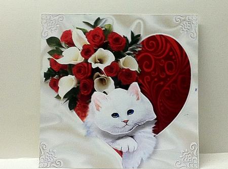 White Kitty on a Red Heart with Roses 8x8 by judy borutski
