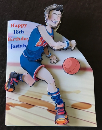 Basketball Dude Orange and Blue Shaped Card by Julianne Harris