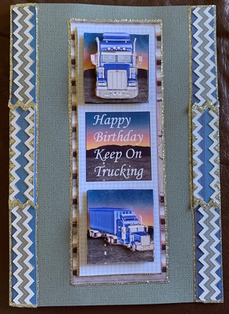 Blue 3 panel Birthday truck card front by Julianne Harris