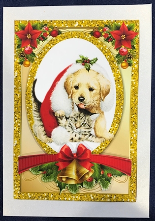 Cute puppy with kitten in santa hat with topper/card front by Julianne Harris