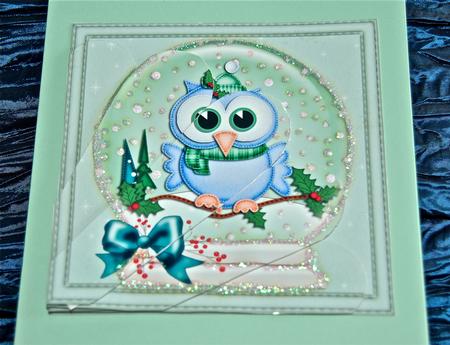 Xmas Little Hoot Snowglobe Fan Pyramage Topper by Julianne Harris