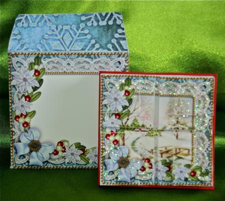 Pretty Snowscene Blue Poinsettia Card Envelope Quad Stacker by Julianne Harris