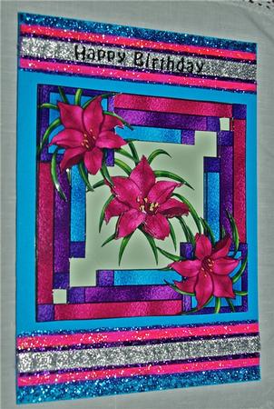 Pink Lily Stained Glass Decoupage Card Front Sheet by Julianne Harris