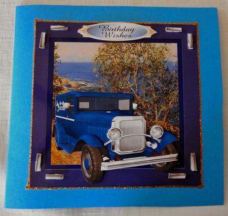 Blue Vintage Car and Bush Scene Card Front by Julianne Harris