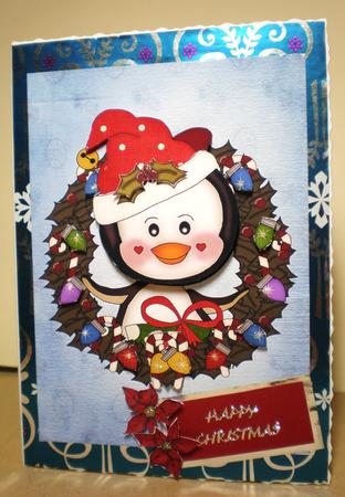 Cute Penguin in Holly Wreath with Christmas Lights by Julie Hart