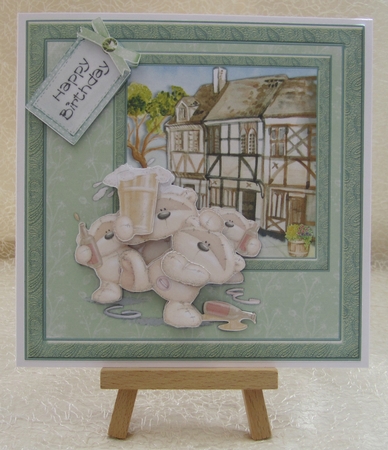 300ddpi -6 x 6in Topper & decoupage - 4 Bears drinking-Male relation-Happy Birthday by Julie Jenner