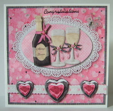 Champagne Glasses & Hearts on Lace Edged Oval Card Front by Julie Lynch