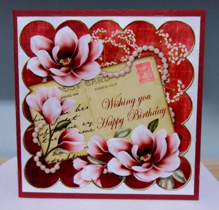 Red Magnolia Happy Birthday 8in Decoupage Sheet by Julie Lynch