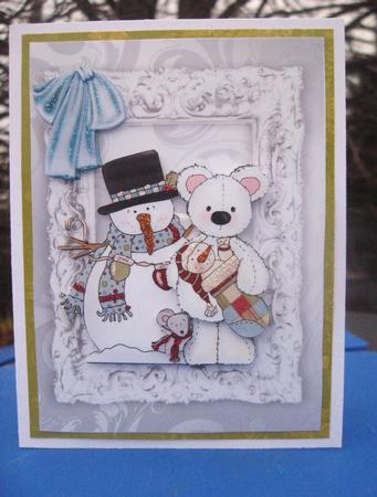 Snowman with White Teddy Bear in Silver Frame by Julie Mansell