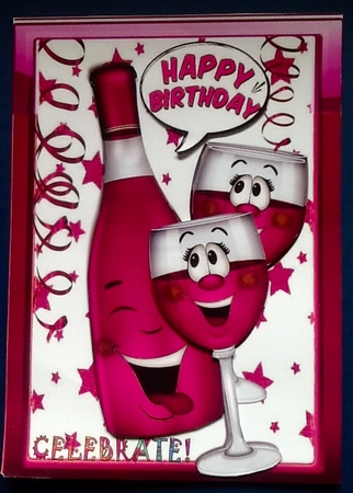 Toon Bottle of Wine with Funny Face Pink Wine Glasses by Julie McGregor