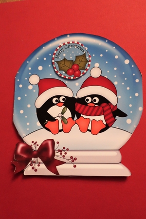 Christmas Snow Globe Shaped Card - Cute Pip Penguin is in Love by Julie McGregor