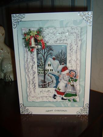 Snow Scene with Christmas Santa and Bell in Frame A4 by Julie McGregor