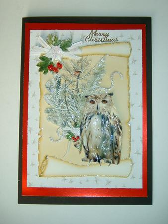 Snow Owl on a Scroll with Red Berries and White Bow A4 by Julie McGregor